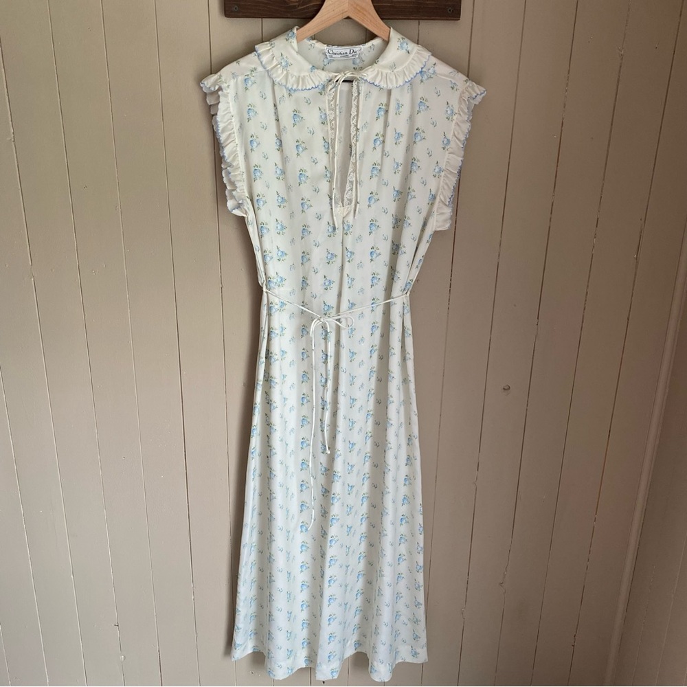 Dior Cream Midi Dress with Light Blue Floral Print